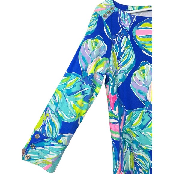 Lilly Pulitzer Blue Leaf Print Knit Dress Size M 3/4 Sleeve Button Tropical - Picture 4 of 12